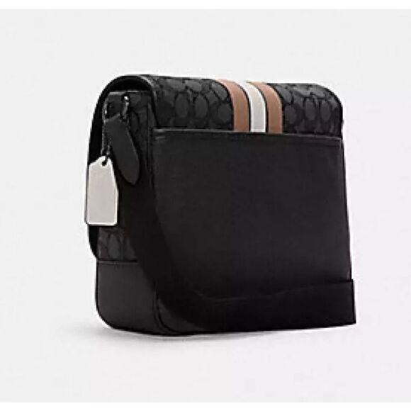 COACH NWT Thompson Crossbody Bag Jacquard Varsity Stripe Black Leather Snap - Picture 10 of 12